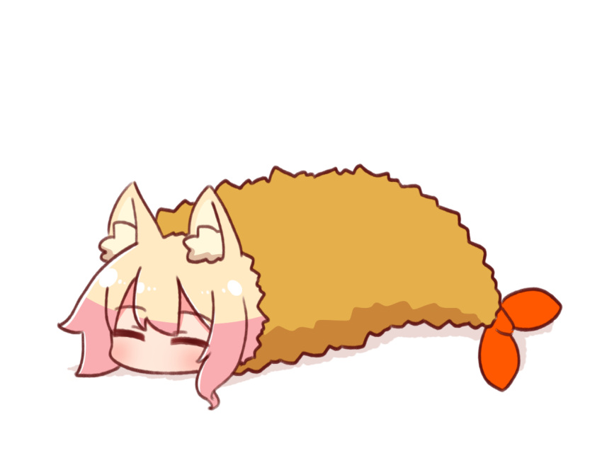 1girl animal_ear_fluff animal_ears bangs blonde_hair blush closed_eyes commentary eyebrows_visible_through_hair food fox_ears hair_between_eyes kemomimi-chan_(naga_u) naga_u no_mouth original short_hair short_hair_with_long_locks shrimp shrimp_tempura sidelocks simple_background solo tempura white_background