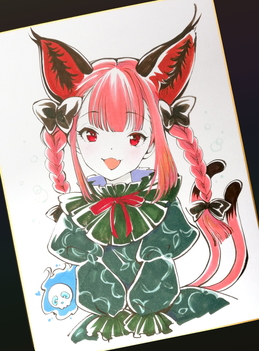 1girl :3 :d absurdres animal_ears bangs blue_fire blunt_bangs cat_ears cat_tail cropped_torso dress embellished_costume eyebrows_visible_through_hair fang fire flaming_skull floating_skull frills green_dress hair_ribbon head_tilt heart highres hitodama juliet_sleeves kaenbyou_rin long_hair long_sleeves looking_at_viewer multiple_tails nekomata puffy_sleeves red_eyes redhead ribbon sidelocks simple_background skin_fang smile solo tail touhou tress_ribbon tsubameyado two_tails upper_body v_arms very_long_hair white_background
