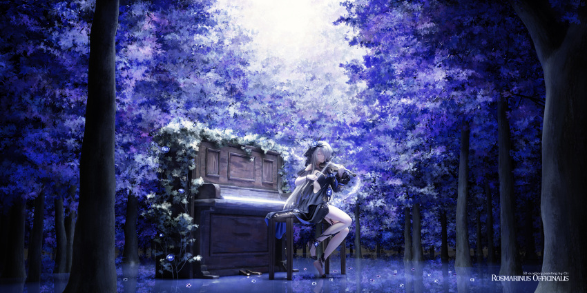 1girl absurdres bangs bare_shoulders chair cii_(1415509675) closed_eyes closed_mouth dress flower forest full_body hair_flower hair_ornament hair_over_one_eye high_heels highres holding holding_instrument honkai_(series) honkai_impact_3rd huge_filesize instrument long_hair music nature piano playing_instrument purple_dress purple_flower purple_rose purple_sleeves rita_rossweisse rita_rossweisse_(fallen_rosemary) rose scenery sitting sleeveless sleeveless_dress tree violin