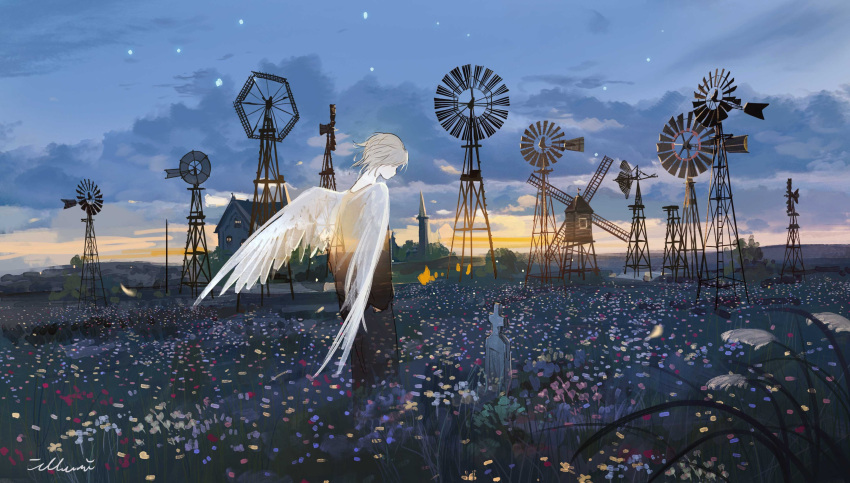 1boy absurdres angel_wings black_pants black_sweater blonde_hair bush clouds cloudy_sky feathered_wings field flower ghost grass hand_in_pocket highres house illumi999 looking_down original pants petals short_hair signature sky solo spirit standing star_(sky) sweater tombstone watercolor_effect windmill wings