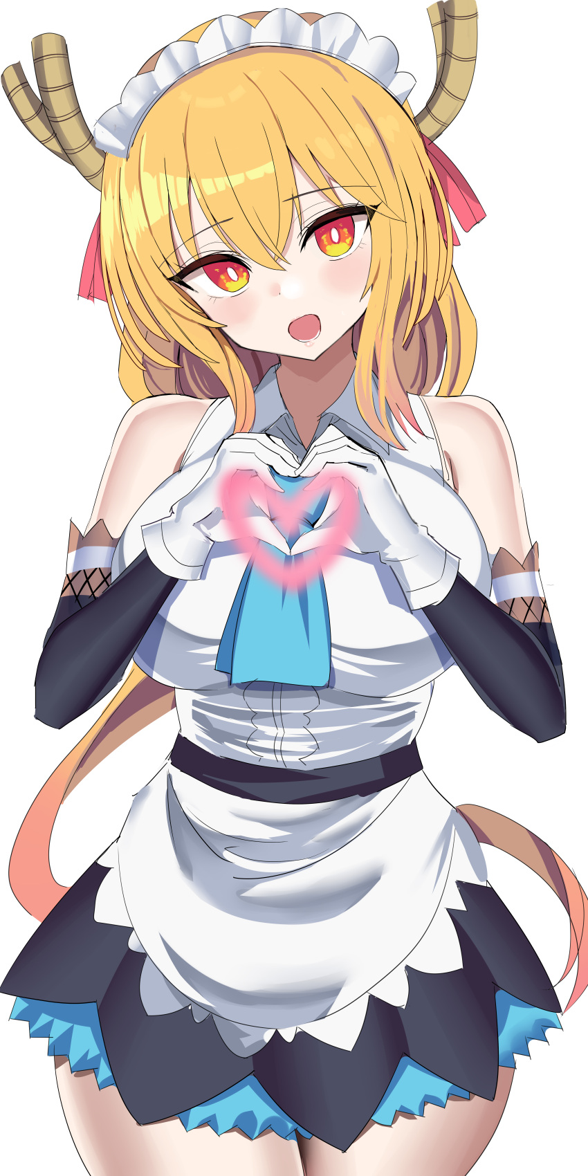 1girl absurdres ascot blonde_hair blue_neckwear breasts detached_sleeves dragon_girl dragon_horns eyebrows_visible_through_hair gloves hair_between_eyes hair_ribbon hanasaka_houcha heart heart_hands highres horns incredibly_absurdres kobayashi-san_chi_no_maidragon large_breasts long_hair looking_at_viewer maid maid_headdress open_mouth orange_eyes red_ribbon ribbon simple_background solo tohru_(maidragon) white_background white_gloves