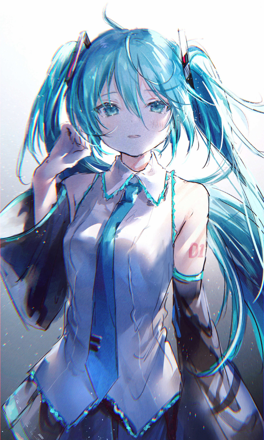 1girl absurdres arm_at_side arm_tattoo bare_shoulders black_skirt blue_eyes blue_hair blue_neckwear blush collared_shirt cowboy_shot detached_sleeves gradient gradient_background grey_background hand_up hatsune_miku highres irohatomo long_hair long_sleeves looking_at_viewer miniskirt necktie number_tattoo parted_lips shirt skirt smile solo tattoo twintails very_long_hair vocaloid white_shirt