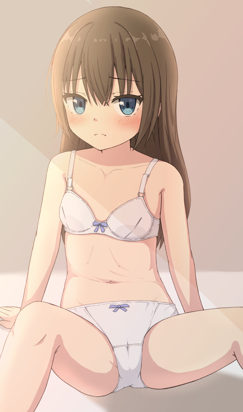 1girl absurdres bangs bare_arms bare_shoulders blue_eyes blush bow bow_bra bow_panties bra breasts brown_hair closed_mouth collarbone commentary_request eyebrows_visible_through_hair feet_out_of_frame hair_between_eyes highres hippo_(hirople) knees_up long_hair navel original panties sitting small_breasts solo spread_legs underwear underwear_only white_bra white_panties