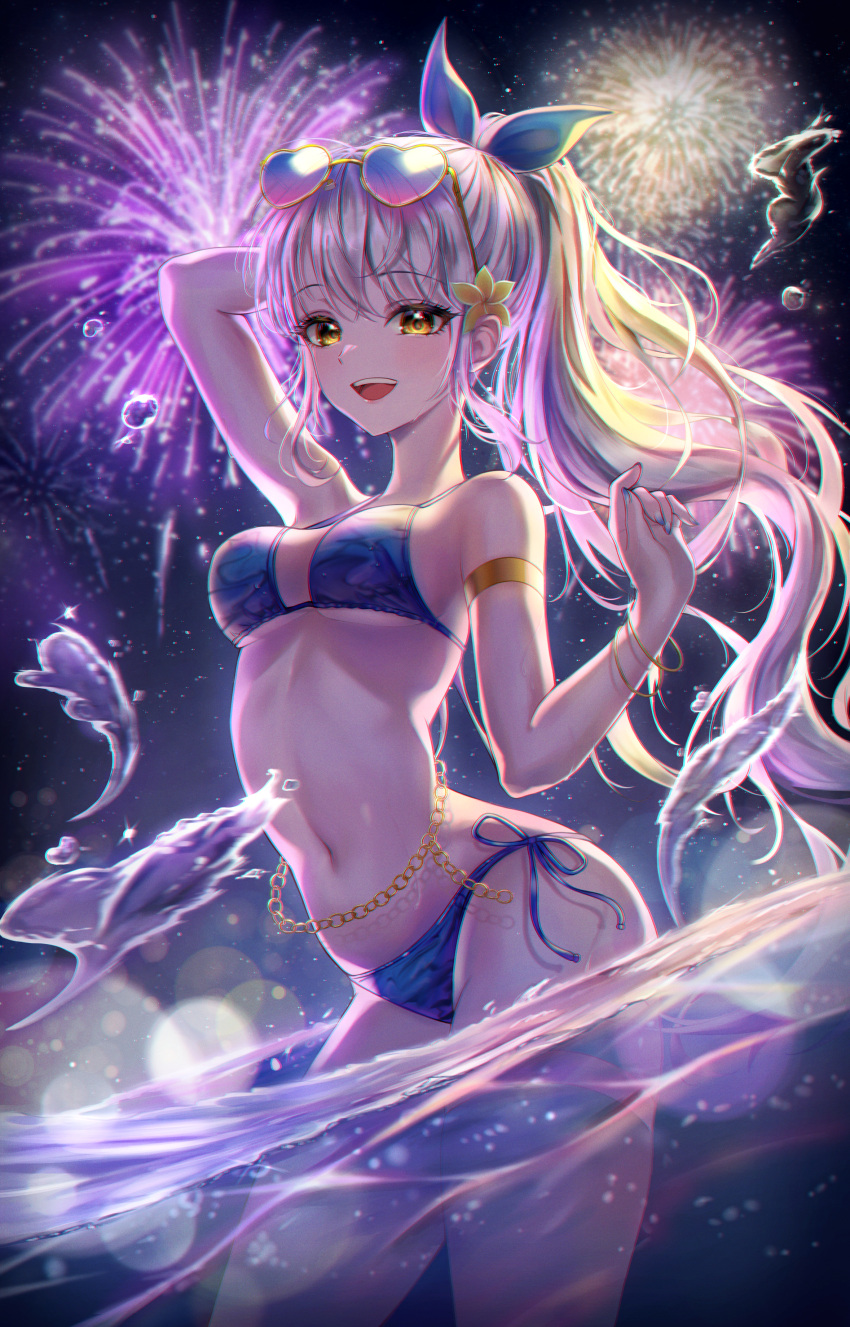 1girl :d absurdres arm_behind_back arm_up armlet bangle bangs bare_shoulders bikini blue_ribbon blush bobmond_(artist) bracelet breasts chain eyebrows_visible_through_hair eyewear_on_head fireworks gold_chain hair_ribbon heart heart-shaped_eyewear highres huge_filesize jewelry long_hair looking_at_viewer medium_breasts navel night night_sky open_mouth original outdoors pink_hair ponytail ribbon side-tie_bikini sidelocks silver_hair sky smile solo stomach sunglasses swimsuit under_boob upper_teeth very_long_hair wading water yellow-framed_eyewear yellow_eyes