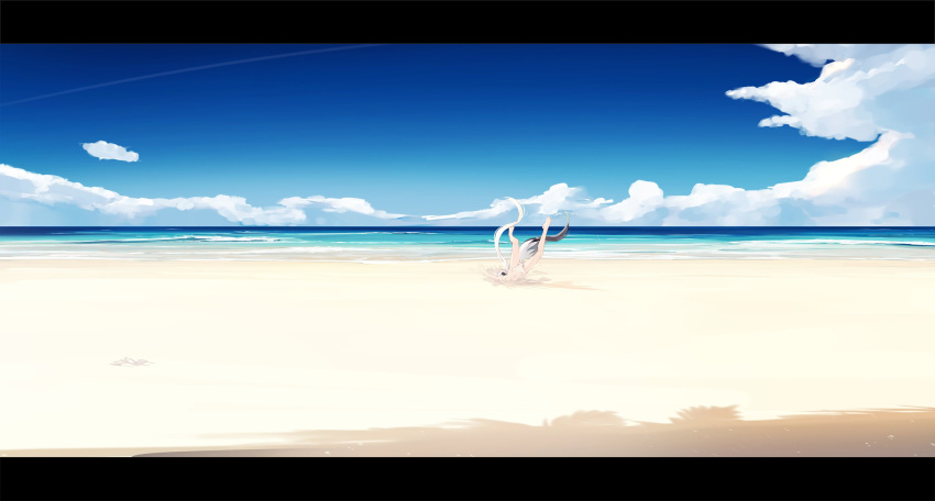 1girl animal_ears arms_up beach bikini black_bow bow clouds cloudy_sky commentary_request day faceplant fox_ears fox_girl fox_tail hair_bow highres hololive letterboxed long_hair nagishiro_mito ocean outdoors outstretched_arms pentagram shirakami_fubuki sky solo swimsuit tail very_long_hair virtual_youtuber white_bikini white_hair
