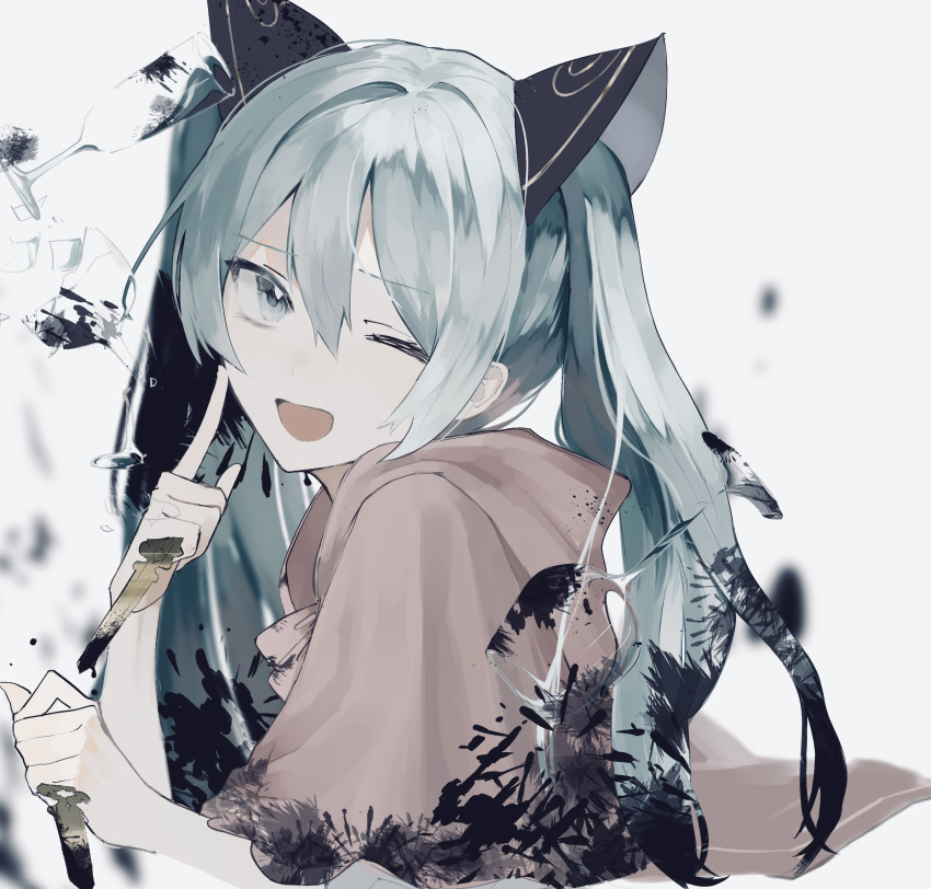 1girl aqua_eyes aqua_hair bangs broken_glass cup drinking_glass facing_to_the_side glass hatsune_miku highres jacket looking_at_viewer mo011010 one_eye_closed open_mouth paint_splatter smile solo twintails vocaloid wine_glass