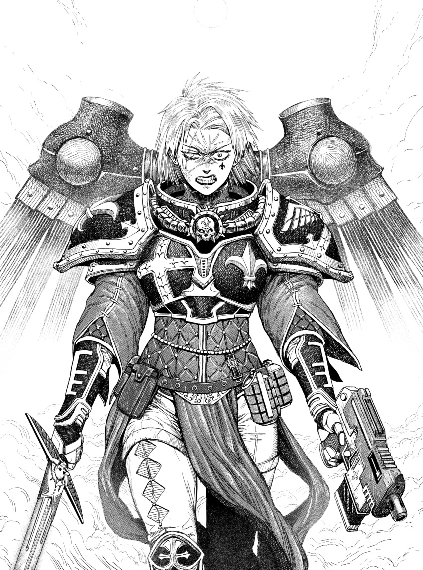 1girl adepta_sororitas armor belt belt_pouch bolter boobplate breastplate clenched_teeth commentary dual_wielding english_commentary explosive facial_mark finger_on_trigger fleur_de_lis gauntlets grenade greyscale gun hatching_(texture) heterochromia highres holding holding_gun holding_sword holding_weapon lipstick looking_at_viewer makeup making-of_available mechanical_wings medium_hair monochrome pants pauldrons pelvic_curtain pouch scar scar_across_eye shoulder_armor skull solo standing sword teeth walking warhammer_40k weapon wide-eyed wings y_naf