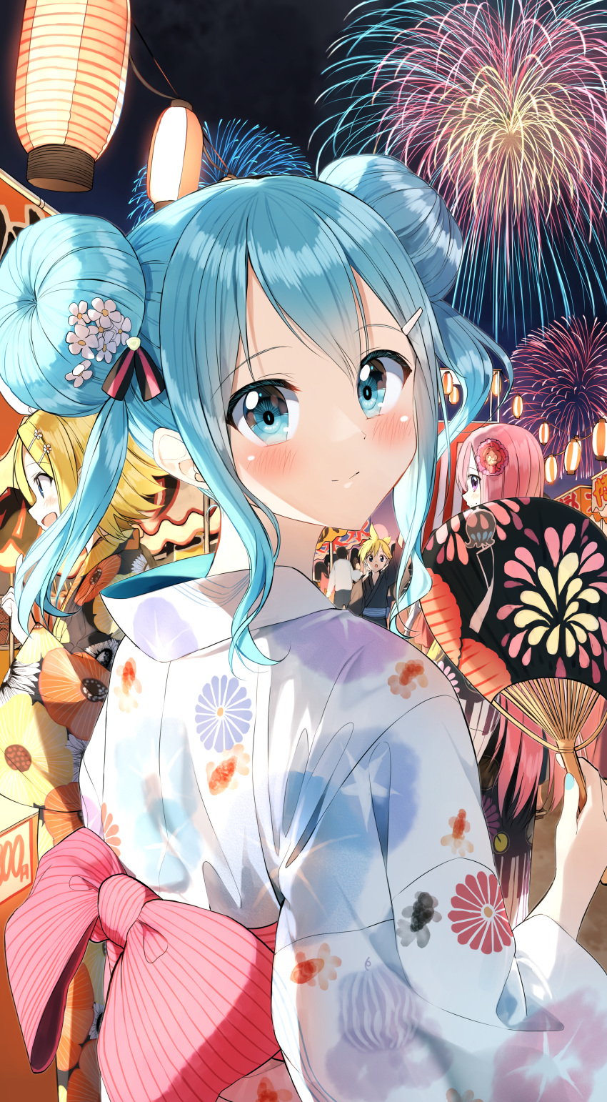 1boy 3girls absurdres aerial_fireworks black_kimono blonde_hair blue_eyes blue_hair blue_nails bow brother_and_sister closed_mouth commentary_request double_bun fireworks floral_print flower hair_flower hair_ornament hand_fan hatsune_miku highres holding holding_fan huge_filesize japanese_clothes kagamine_len kagamine_rin kimono lantern long_hair long_sleeves looking_at_viewer looking_back megurine_luka multiple_girls nail_polish night night_sky obi outdoors paper_fan paper_lantern pentagon_(railgun_ky1206) pink_bow pink_hair print_kimono red_flower sash siblings sky stall striped striped_bow summer_festival twintails uchiwa upper_body violet_eyes vocaloid white_flower white_kimono wide_sleeves