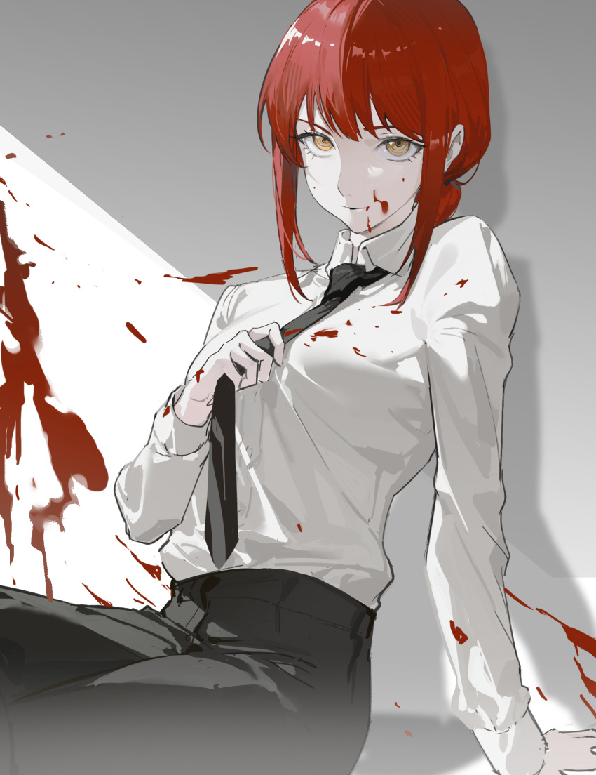 1girl absurdres adjusting_clothes adjusting_necktie against_wall arm_support bangs black_neckwear black_pants blood blood_on_clothes blood_on_face blood_splatter chainsaw_man commentary cowboy_shot eyelashes hair_up highres long_sleeves looking_at_viewer makima_(chainsaw_man) necktie pants redhead shirt sidelocks sitting smile solo white_shirt yellow_eyes yeyuanqianqianqian