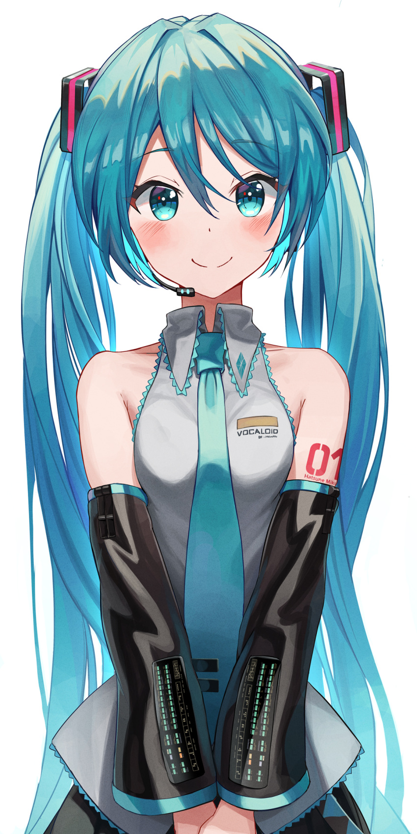 1girl aqua_eyes aqua_hair aqua_neckwear bib_(bibboss39) closed_mouth detached_sleeves eyebrows_visible_through_hair hair_between_eyes hatsune_miku headset highres long_hair looking_at_viewer necktie simple_background smile solo twintails vocaloid white_background