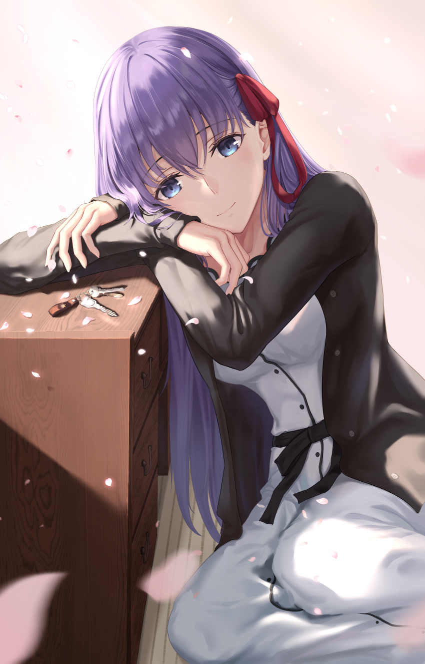 1girl absurdres black_jacket blue_eyes blurry blurry_foreground buttons cabinet closed_mouth commentary_request dress eyebrows_visible_through_hair fate/stay_night fate_(series) feet_out_of_frame hair_ribbon head_rest heaven's_feel highres jacket key light_smile long_hair long_sleeves looking_at_viewer matou_sakura petals purple_hair red_ribbon revision ribbon sitting solo tooku0 waist_bow white_dress yokozuwari