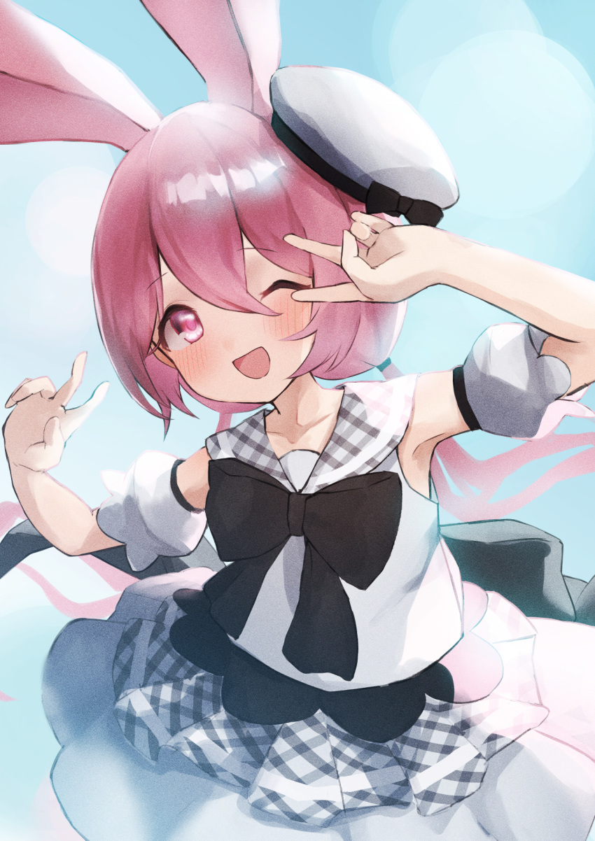 1girl ;d animal_ears arm_up bangs beret black_bow blush borrowed_character bow collarbone commission detached_sleeves eyebrows_visible_through_hair hair_between_eyes hat highres long_hair low_twintails ogu_(oguogu0523) one_eye_closed open_mouth original pink_eyes pink_hair pleated_skirt puffy_short_sleeves puffy_sleeves rabbit_ears shirt short_sleeves skeb_commission skirt sleeveless sleeveless_shirt smile solo tilted_headwear twintails v_over_eye very_long_hair white_headwear white_shirt white_skirt white_sleeves