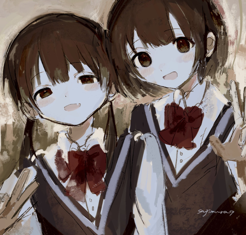 2girls bangs black_vest blush brown_eyes eyebrows_visible_through_hair fang highres long_sleeves looking_at_viewer low_twintails multiple_girls open_mouth original red_neckwear short_hair signature simple_background tabmur twintails upper_body v vest w