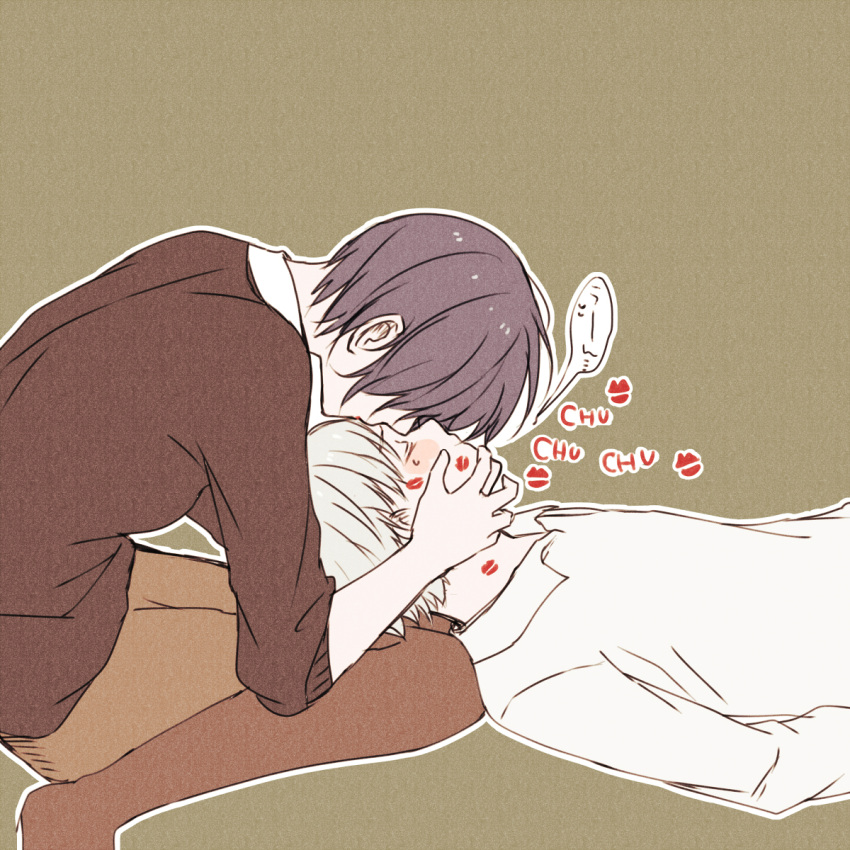 1boy 1girl bangs blush brown_background brown_legwear brown_skirt brown_sweater closed_eyes commentary_request forehead_kiss from_side grey_hair hair_over_eyes hands_on_another's_face hetero highres kaneki_ken kirishima_touka kiss lipstick_mark long_sleeves lying on_back on_lap outline pale_skin shiny shiny_hair shirt short_hair simple_background sitting skirt speech_bubble sweater tokyo_ghoul tokyo_ghoul:re toukaairab translation_request white_outline
