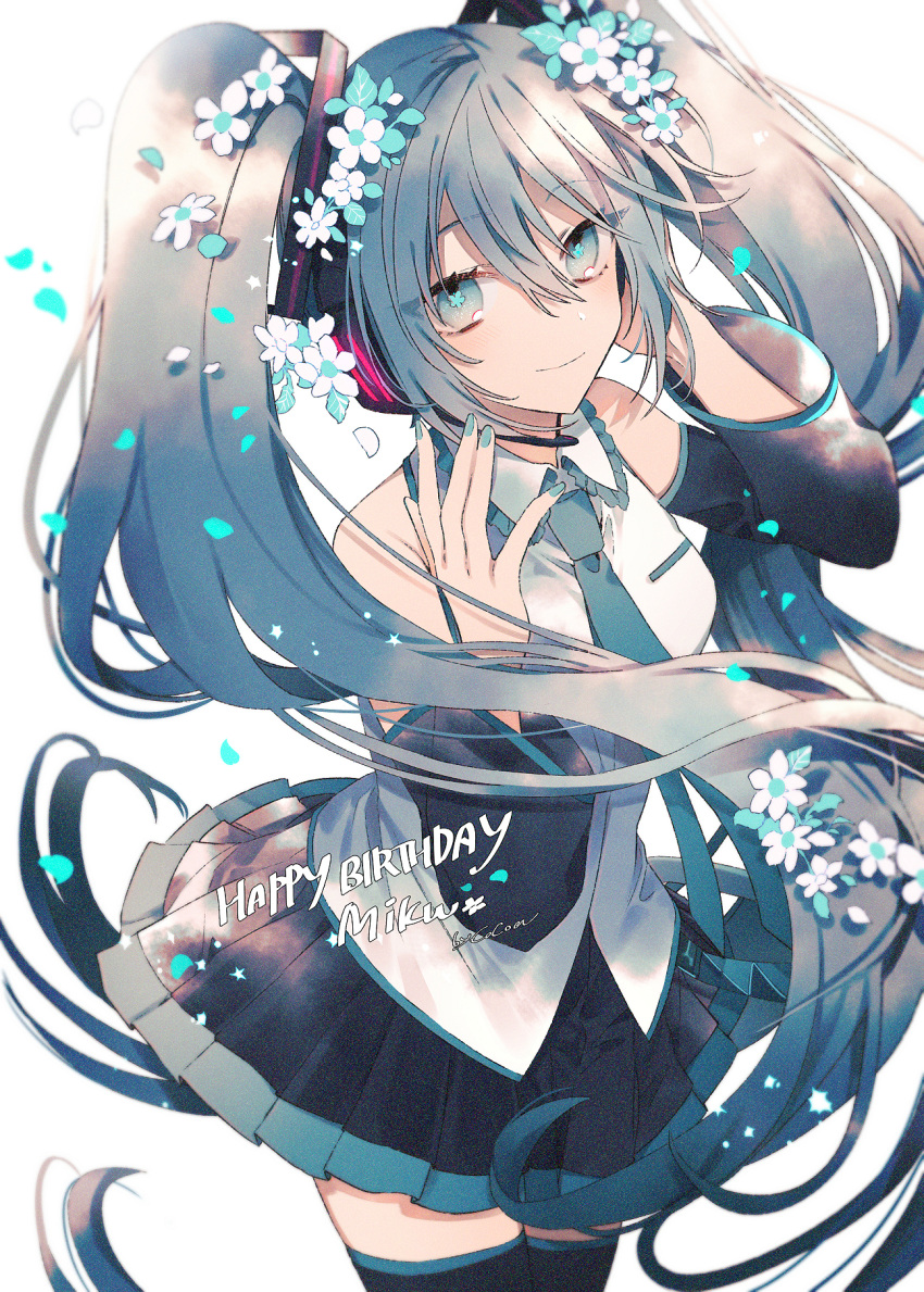 1girl bare_shoulders black_legwear black_skirt blue_eyes blue_hair blue_nails blue_neckwear cacao_(chocotto) character_name closed_mouth collared_shirt commentary_request cowboy_shot detached_sleeves flower flower-shaped_pupils hair_flower hair_ornament hands_up happy_birthday hatsune_miku highres long_hair long_sleeves looking_at_viewer miniskirt nail_polish necktie petals pleated_skirt shirt signature simple_background skirt smile solo thigh-highs twintails very_long_hair vocaloid white_background white_flower white_shirt zettai_ryouiki