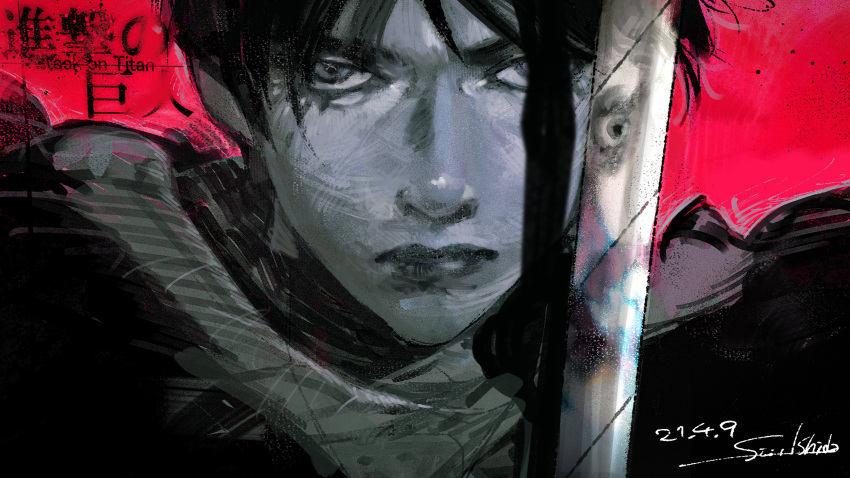 1boy absurdres artist_name closed_mouth copyright_name dated eren_yeager greyscale highres ishida_sui male_focus monochrome red_background reflection shingeki_no_kyojin signature solo sword weapon