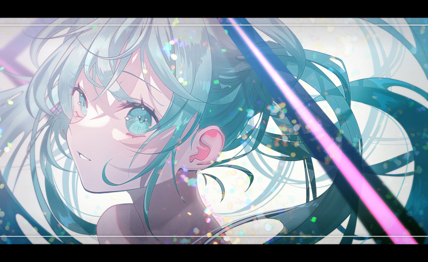 1girl aqua_eyes aqua_hair bangs eyelashes facing_to_the_side haduki_tohru hatsune_miku portrait solo tagme twintails vocaloid