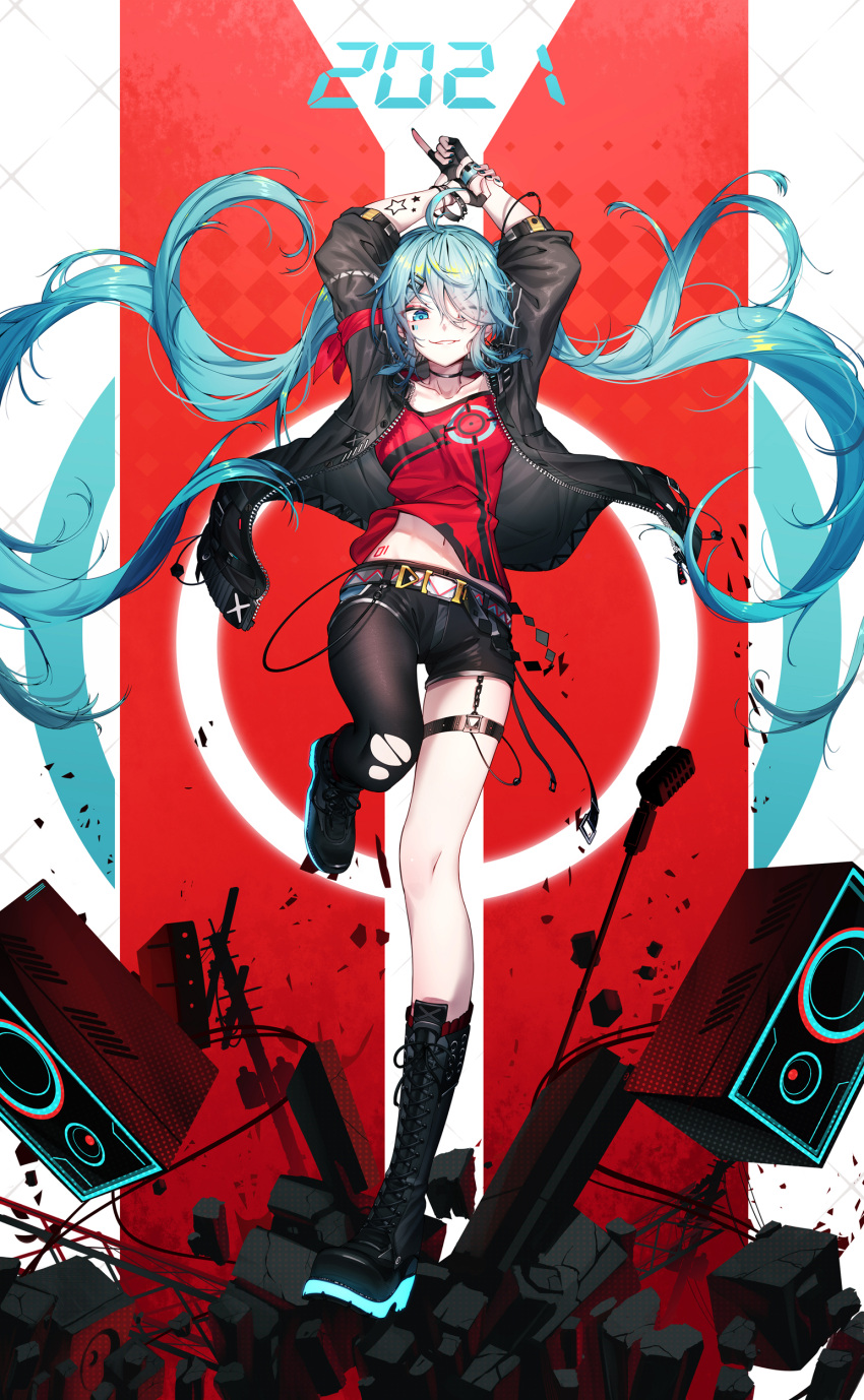 1girl 2021 absurdres ahoge alternate_costume aqua_eyes aqua_hair arm_tattoo arms_up asymmetrical_footwear barcode barcode_tattoo belt boots choker collarbone debris full_body hair_ornament hair_over_one_eye hatsune_miku highres holding_own_arm index_finger_raised jacket long_hair long_sleeves microphone mismatched_footwear nail_polish navel open_clothes open_jacket qys3 red_shirt shirt shoes short_shorts shorts single_leg_pantyhose smile smirk solo speaker star_tattoo tattoo torn_clothes torn_legwear twintails very_long_hair vocaloid