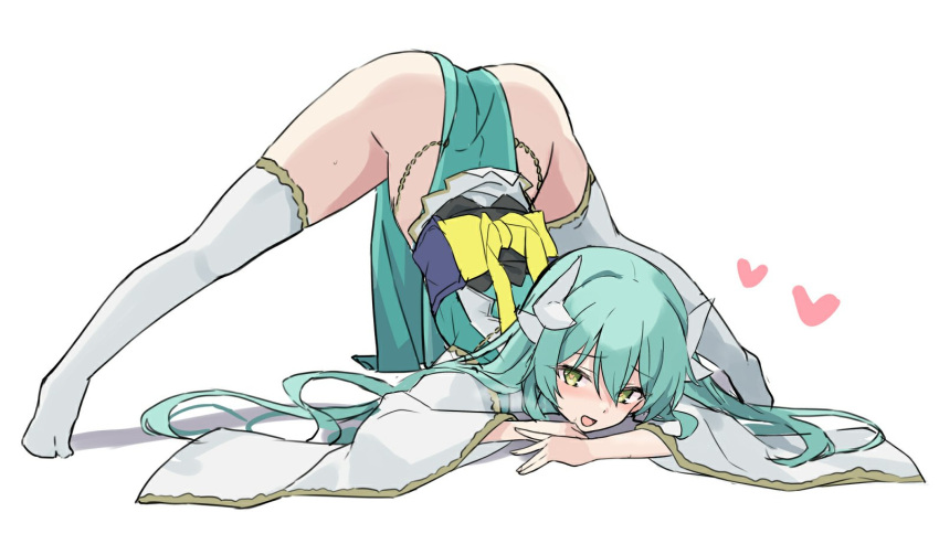 100 1girl ass dragon_horns eyebrows_visible_through_hair fate/grand_order fate_(series) green_hair heart horns jack-o'_challenge japanese_clothes kimono kiyohime_(fate) long_hair obi sash shadow simple_background solo spread_legs thigh-highs top-down_bottom-up white_background white_legwear wide_sleeves yellow_eyes