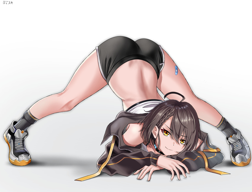 1girl ahoge arm_rest artist_name ass azur_lane back baltimore_(azur_lane) baltimore_(black_ace)_(azur_lane) bandaid bandaid_on_leg bangs bare_shoulders black_choker black_jacket black_legwear black_shorts braid brown_hair bukowiski choker closed_mouth collarbone commentary eyebrows_visible_through_hair flexible french_braid full_body hair_between_eyes hands_on_ground highres jack-o'_challenge jacket kneehighs looking_at_viewer meme midriff off_shoulder pose shadow shoes short_hair short_shorts shorts sidelocks simple_background smile sneakers solo sports_bra spread_legs stretch top-down_bottom-up white_background white_sports_bra wide_spread_legs yellow_eyes