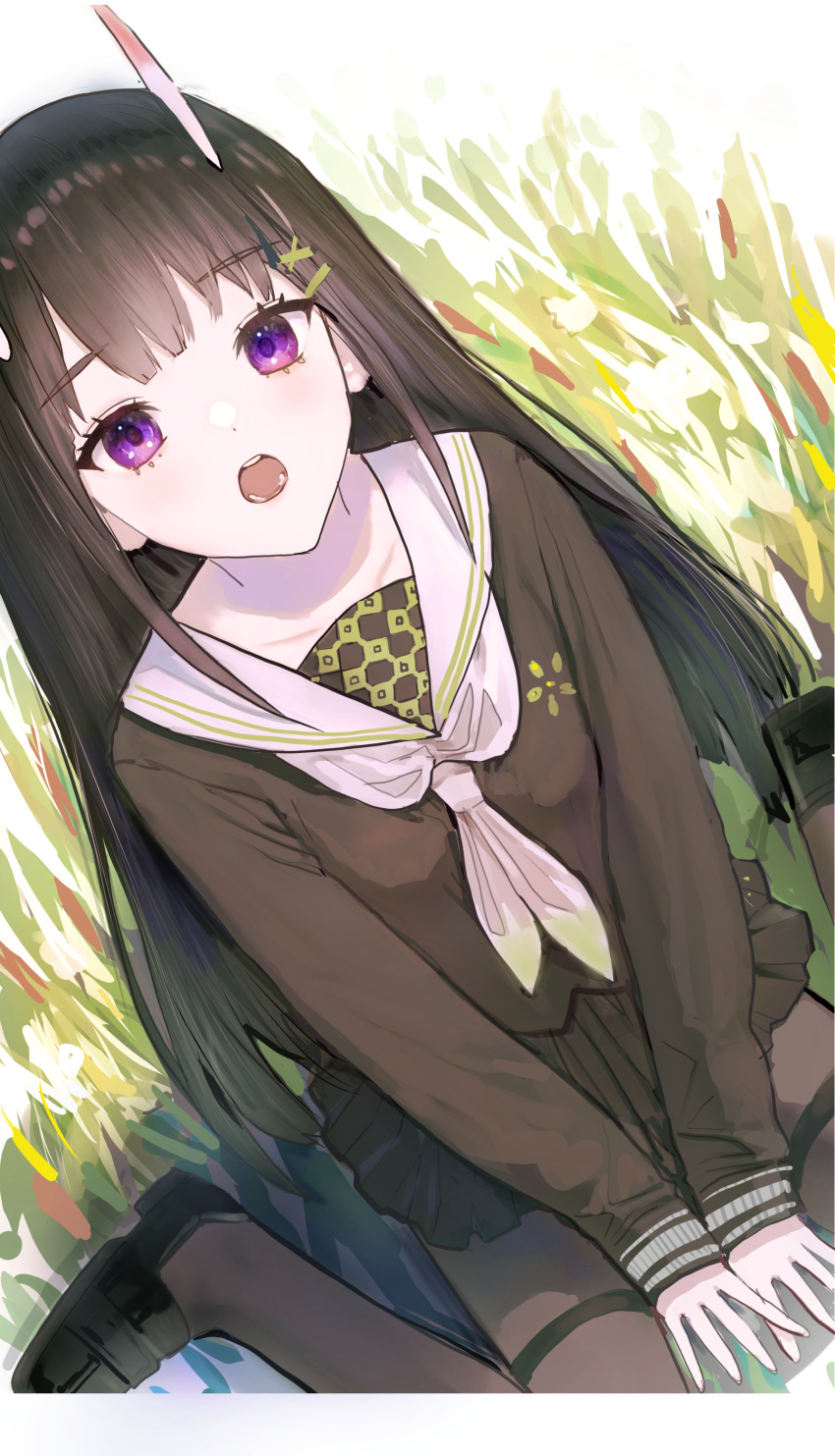 1girl absurdres ah_(pixiv62888100) azur_lane bangs black_footwear black_hair black_legwear black_skirt breasts collarbone commentary_request dutch_angle eyebrows_visible_through_hair from_above grass hair_ornament highres loafers long_hair long_sleeves looking_up neckerchief noshiro_(azur_lane) open_mouth outdoors pantyhose pleated_skirt sailor_collar school_uniform serafuku shoes sidelocks sitting skirt small_breasts solo straight_hair very_long_hair violet_eyes wariza white_neckwear x_hair_ornament