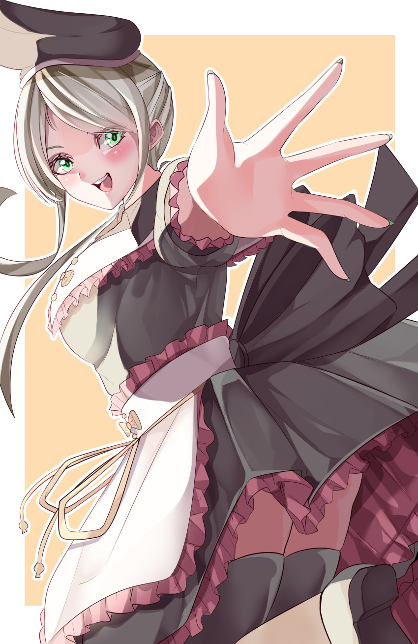 1girl absurdres apron arm_up bangs black_bow black_legwear blush border bow breasts collar collared_dress dress eyebrows_visible_through_hair eyes_visible_through_hair green_dress green_eyes green_hair green_sleeves highres light maboroshi_mochi medium_breasts open_mouth orange_background puffy_short_sleeves puffy_sleeves shadow shoes short_hair short_hair_with_long_locks short_sleeves simple_background smile solo teeth teireida_mai thigh-highs tongue touhou white_apron white_border white_footwear yellow_bow