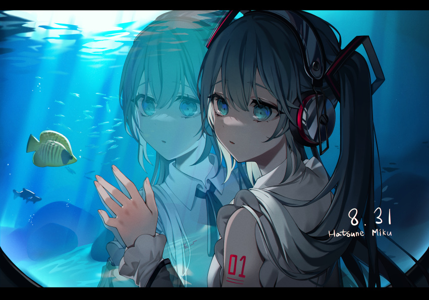 1girl absurdres against_glass aquarium bare_shoulders bizet black_neckwear black_ribbon blue_eyes blue_hair character_name dated detached_sleeves fish frilled_sleeves frills hatsune_miku headphones highres huge_filesize letterboxed light_rays long_hair long_sleeves looking_to_the_side neck_ribbon number_tattoo parted_lips reflection ribbon shirt shoulder_tattoo solo sunbeam sunlight tattoo twintails upper_body vocaloid water white_shirt