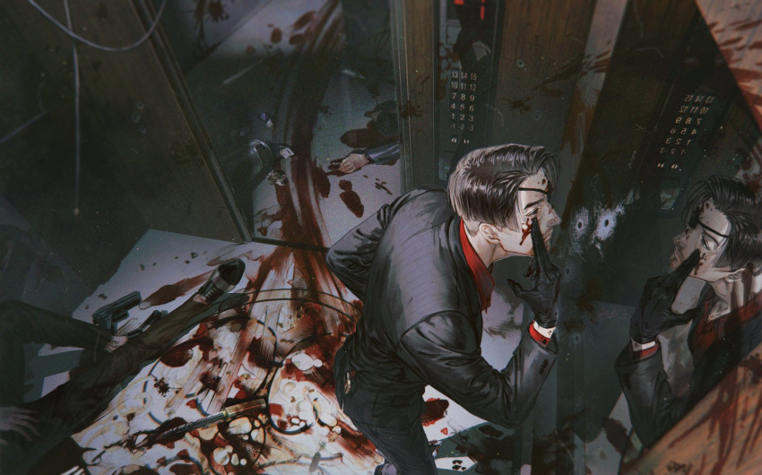 3boys after_battle alternate_costume black_hair black_jacket blood blood_on_face blood_on_wall blood_on_weapon dagger elevator elevator_door eyepatch formal gloves gun handgun highres jacket jiao_mao knife leather leather_gloves majima_gorou male_focus multiple_boys official_alternate_costume pants pistol red_shirt reflection ryuu_ga_gotoku shirt splatter trash trash_can weapon wiping_face