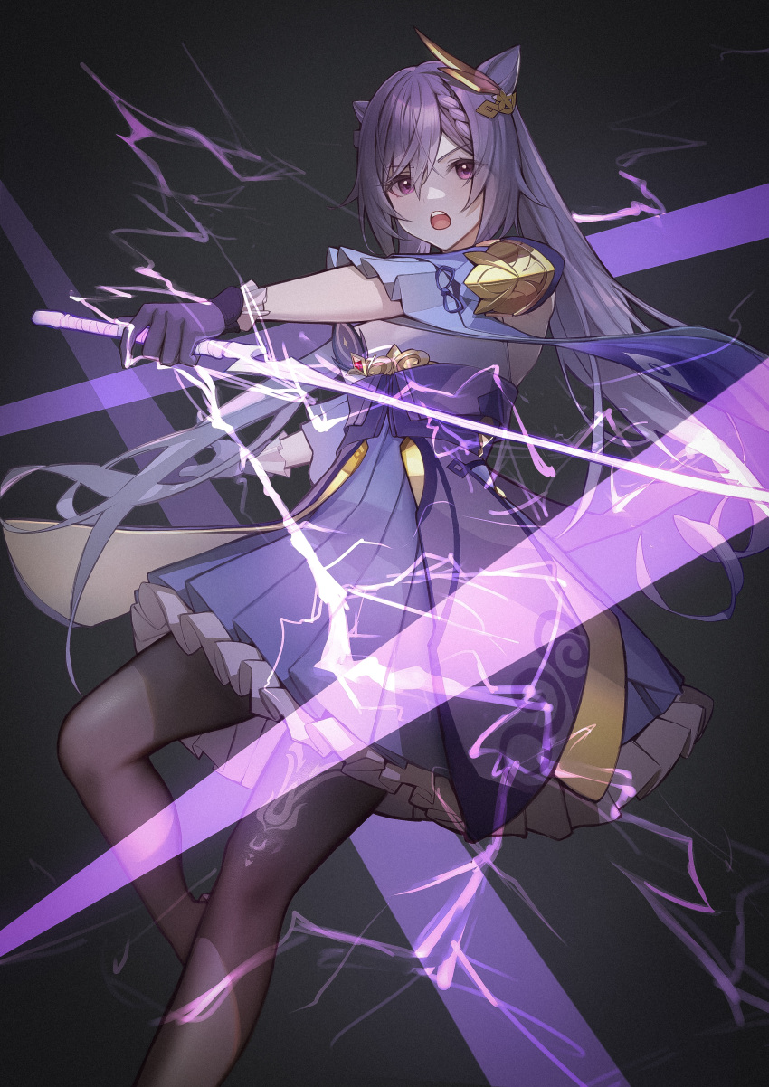 1girl absurdres black_legwear braid double_bun dress frilled_dress frilled_sleeves frills genshin_impact gloves hair_ornament hairclip highres holding holding_sword holding_weapon keqing_(genshin_impact) open_mouth pantyhose purple_gloves purple_hair risa_(pixiv23908854) solo sword twintails violet_eyes weapon