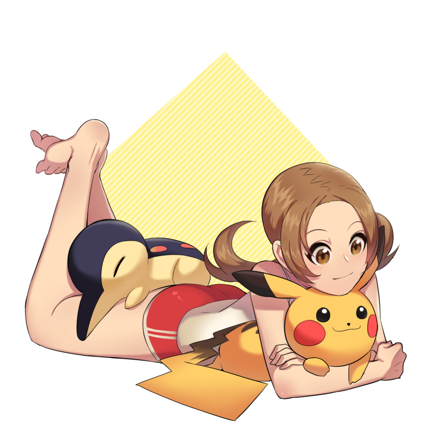 0_0box 1girl bare_shoulders brown_eyes brown_hair closed_mouth cyndaquil gen_1_pokemon gen_2_pokemon highres legs_up lying lyra_(pokemon) on_stomach pikachu pokemon pokemon_(creature) pokemon_(game) pokemon_hgss red_shorts shirt shorts smile twintails white_shirt