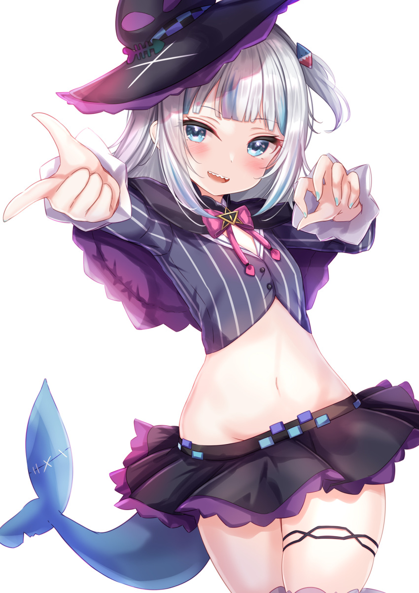 1girl :d bangs black_capelet black_headwear black_shirt black_skirt blue_eyes blue_hair blue_nails bow bowtie capelet commentary cosplay cowboy_shot crop_top english_commentary eyebrows_visible_through_hair fish_tail flat_chest foreshortening gawr_gura hair_ornament hat highres hololive hololive_english long_hair long_sleeves looking_at_viewer midriff miniskirt multicolored_hair murasaki_shion murasaki_shion_(cosplay) nail_polish navel one_side_up open_mouth outstretched_arm pink_bow pinstripe_pattern pinstripe_shirt pleated_skirt shark_hair_ornament shark_tail sharp_teeth shirt sidelocks silver_hair skirt smile solo standing stomach streaked_hair striped striped_shirt tail teeth thigh-highs thigh_strap tilted_headwear upper_teeth virtual_youtuber white_hair witch_hat yuano zettai_ryouiki