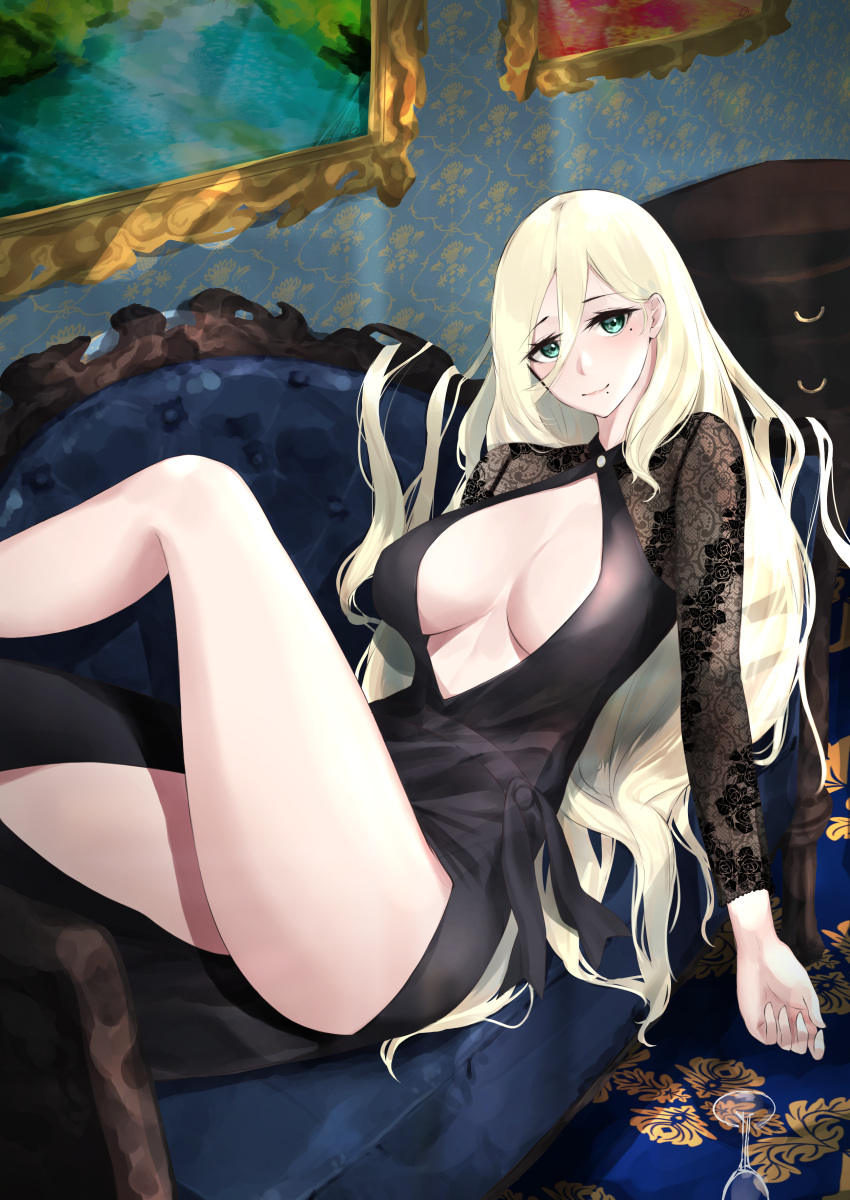 1girl absurdres alternate_costume bangs black_dress blush breasts couch cup dress drinking_glass eyelashes green_eyes hair_between_eyes highres indoors kantai_collection lace_trim large_breasts long_hair long_sleeves lying mole mole_under_eye mole_under_mouth on_back painting_(object) richelieu_(kancolle) rinrin_kai signature solo wine_glass