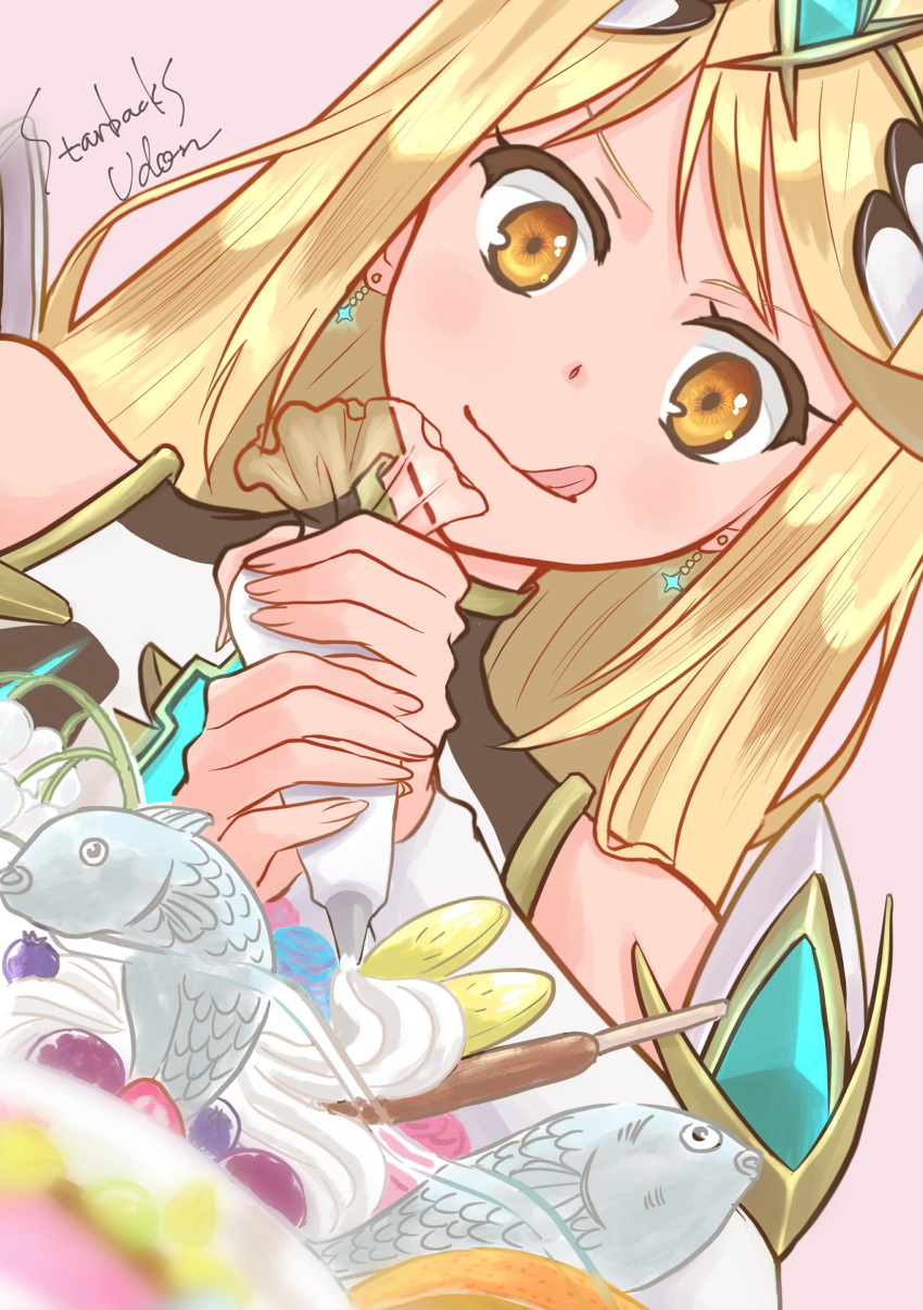 1girl absurdres bangs blonde_hair cake closed_mouth earrings food hair_between_eyes hair_ornament highres holding jewelry long_hair mythra_(xenoblade) pastry_bag pink_background smile solo starbacks_udon tiara tongue tongue_out xenoblade_chronicles_(series) xenoblade_chronicles_2 yellow_eyes
