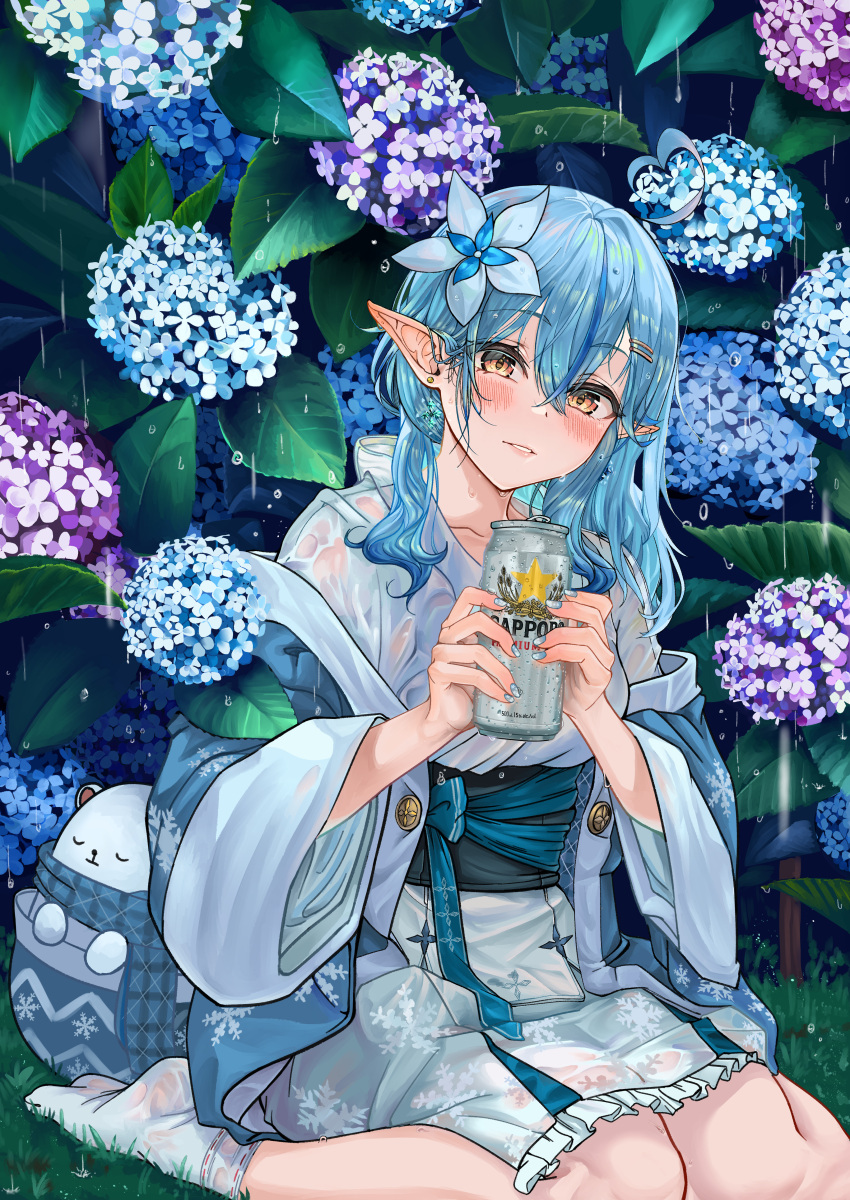 1girl absurdres bangs blue_coat blue_flower blue_hair blue_nails blue_ribbon blush brown_eyes can coat commentary_request corset daifuku_(yukihana_lamy) earrings eyebrows_visible_through_hair flower frilled_skirt frills hair_between_eyes hair_flower hair_ornament hairclip highres holding holding_can hololive hood hood_down huge_filesize hydrangea jewelry long_hair long_sleeves looking_at_viewer nail_art nail_polish no_shoes off_shoulder outdoors parted_lips print_coat print_skirt purple_flower rain ribbon sapporo shirt sitting skirt snarkhunt snowflake_earrings snowflake_print socks virtual_youtuber wariza wet white_flower white_legwear white_shirt white_skirt wide_sleeves yukihana_lamy