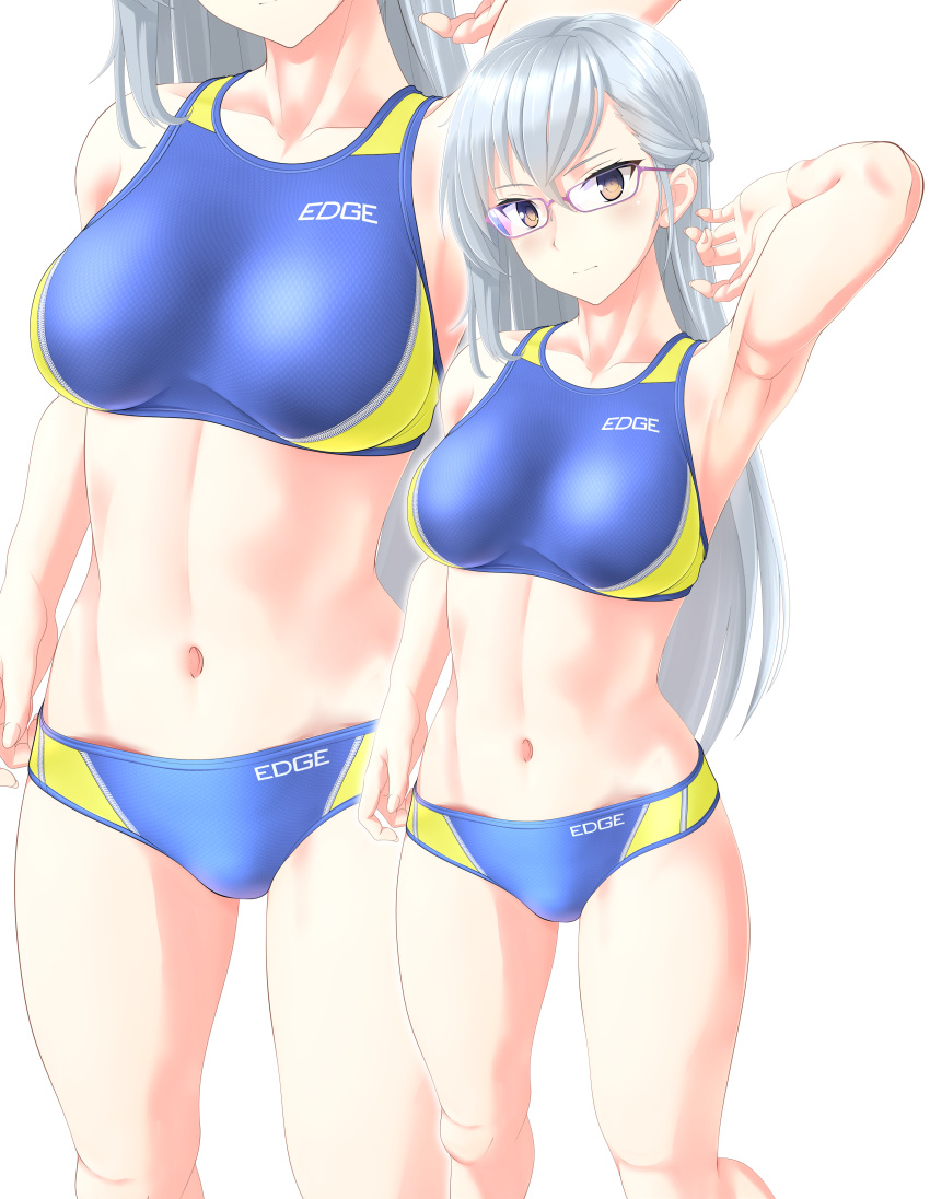 1girl abs absurdres bikini blue_bikini breasts brown_eyes clothes_writing competition_swimsuit covered_navel cowboy_shot glasses highres kitora_mirja long_hair medium_breasts multicolored multicolored_clothes multiple_views one-piece_swimsuit silver_hair simple_background sports_bikini standing swimsuit takafumi toji_no_miko white_background zoom_layer