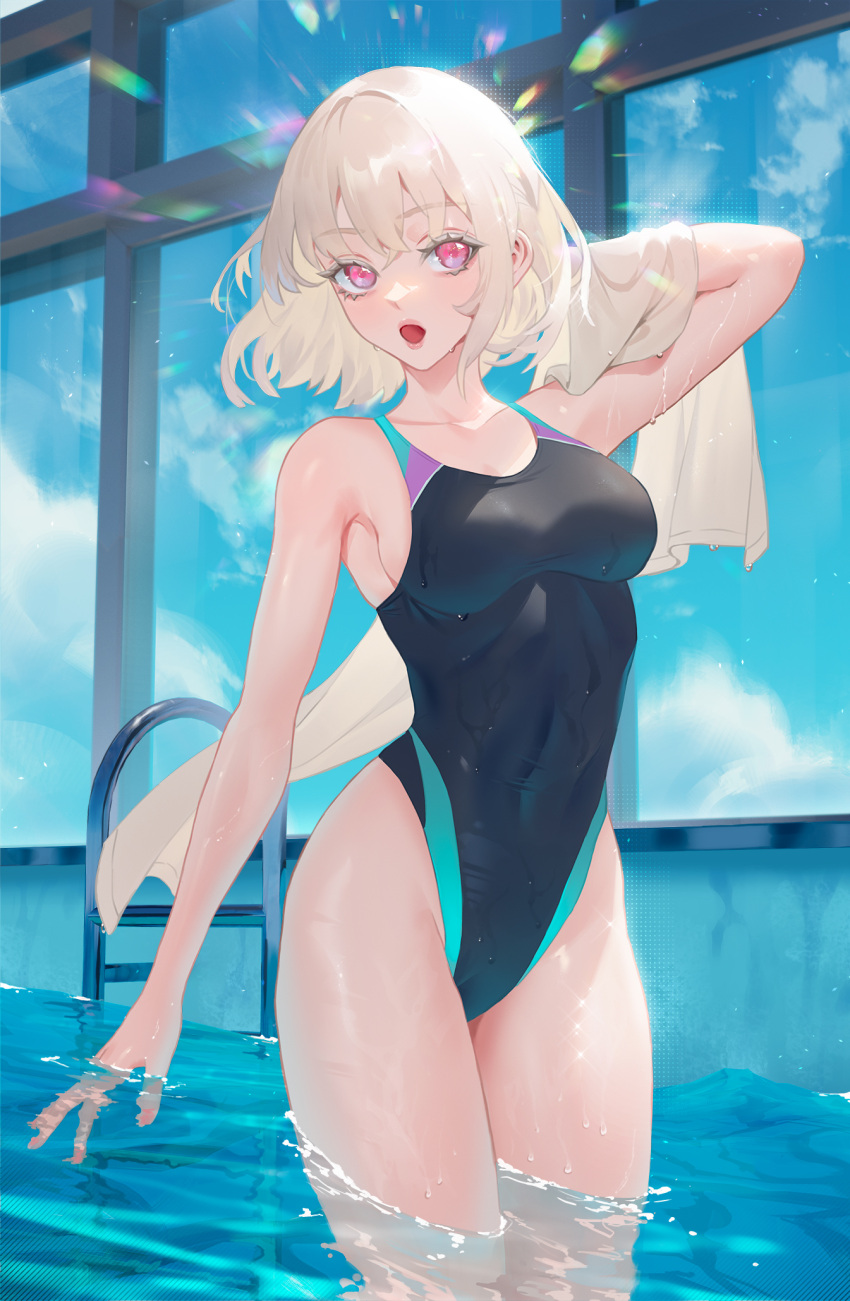 1girl arm_behind_head black_swimsuit blue_sky borrowed_character breasts cirilla competition_swimsuit covered_navel eyebrows_visible_through_hair highres holding holding_towel indoors medium_breasts nacchan_(ohisashiburi) one-piece_swimsuit open_mouth original pink_eyes pool pool_ladder short_hair sky solo swimsuit thighs towel wading water water_drop wet wet_hair white_hair window