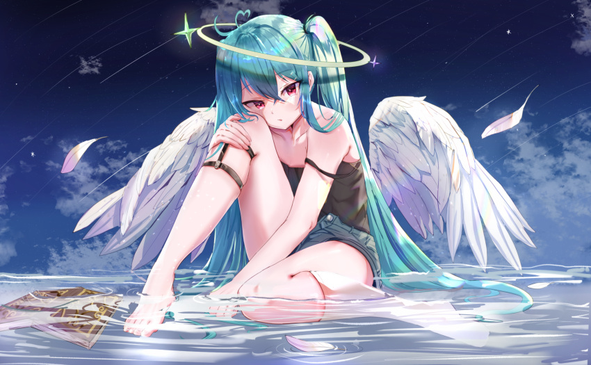 1girl angel angel_wings aqua_hair book clouds comet halo hatsune_miku highres merutoro10 night night_sky ripples sky solo star_(sky) starry_sky thighs twintails vocaloid water wings