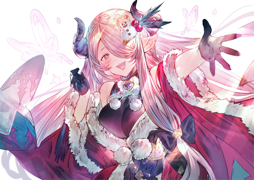 absurdres black_gloves blue_eyes blush braid breasts christmas draph dress fur-trimmed_dress fur_trim gloves granblue_fantasy hair_ornament hair_over_one_eye highres horns large_breasts light_purple_hair long_hair low_tied_hair mayutsuba_mono narmaya_(granblue_fantasy) outstretched_arm pointy_ears purple_hair red_dress single_braid snowman_hair_ornament white_background