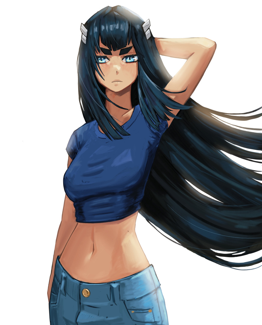 1girl absurdres alternate_costume arm_at_side arm_up backlighting bangs blue_eyes blunt_bangs breasts casual closed_mouth crop_top dark_blue_hair denim expressionless floating_hair hair_ornament hair_strand hairclip hand_on_own_head highres jeans kill_la_kill kiryuuin_satsuki large_breasts lips long_hair looking_at_viewer midriff narrow_waist navel pants shade shiny shiny_hair short_sleeves sidelocks simple_background slit_pupils solo straight_hair tefi_blum thick_eyebrows thick_lips tsurime upper_body very_long_hair white_background