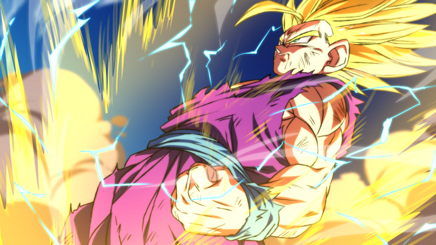 1boy aura battle_damage blonde_hair closed_mouth dougi dragon_ball dragon_ball_z electricity green_eyes male_focus rom_(20) sash serious solo son_gohan spiky_hair super_saiyan super_saiyan_2 torn_clothes transformation wristband