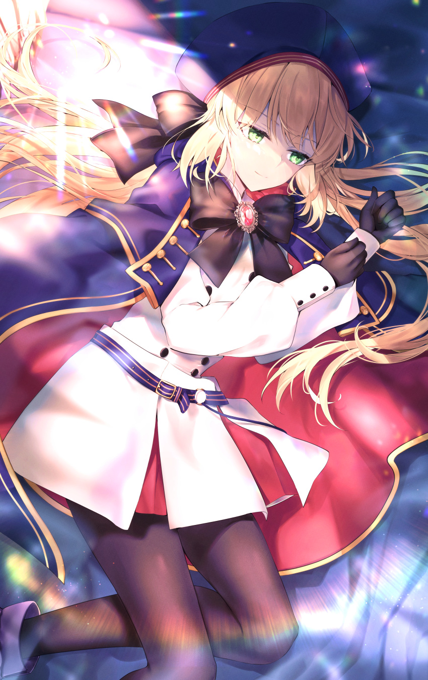 1girl absurdres artoria_pendragon_(caster)_(fate) artoria_pendragon_(fate) bangs belt beret black_gloves black_legwear blonde_hair blue_cape blue_headwear blush breasts buttons cape double-breasted dress fate/grand_order fate_(series) gloves green_eyes hane_yuki hat highres hood hooded_cape huge_filesize long_hair long_sleeves looking_at_viewer multicolored multicolored_cape multicolored_clothes pantyhose red_cape small_breasts thighs twintails white_dress