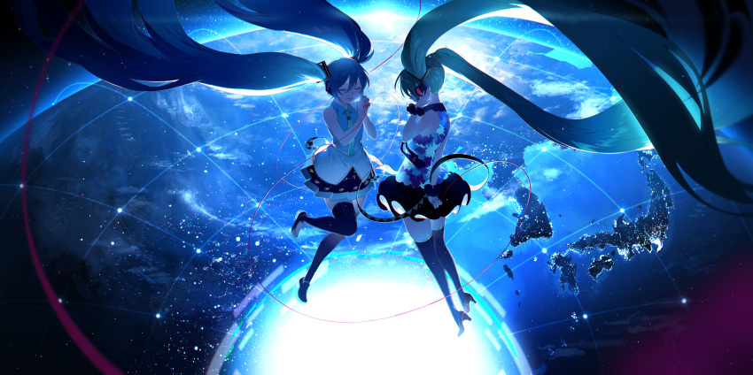 2girls absurdres aqua_hair aqua_neckwear arm_behind_back bangs bare_arms bare_shoulders black_footwear black_legwear black_skirt blue_hair blue_shirt closed_eyes collared_shirt earth_(planet) full_body grey_shirt hamuna_(hamuna_86) hand_up hatsune_miku headphones high_heels highres light_particles long_hair miniskirt multiple_girls necktie number_tattoo parted_lips planet pleated_skirt scrunchie shirt shoes shoulder_tattoo skirt sleeveless sleeveless_shirt space string string_of_fate tattoo tell_your_world_(vocaloid) thigh-highs twintails very_long_hair vocaloid wrist_scrunchie zettai_ryouiki