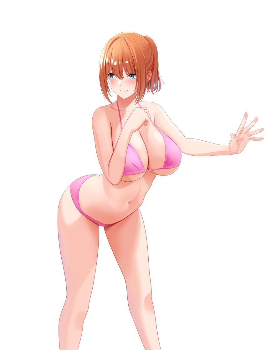 1girl absurdres bangs bikini blue_eyes breasts closed_mouth collarbone highres large_breasts looking_at_viewer looking_to_the_side marui_koishi navel orange_hair original pink_bikini short_hair simple_background smile solo standing swimsuit white_background