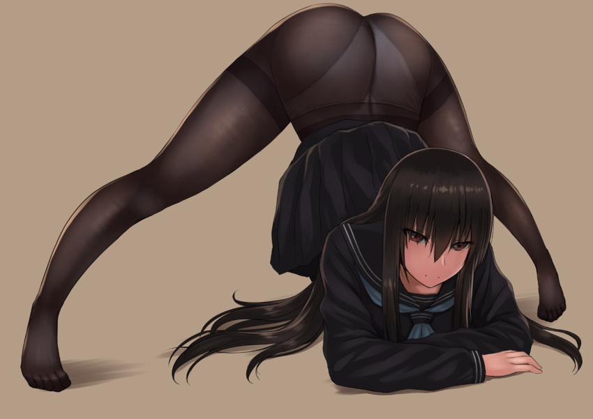 1girl arm_rest black_hair black_serafuku black_shirt black_skirt flexible greek_toe hands_on_ground jack-o'_challenge kokuriu kuro_senpai_to_kuro_yashiki_no_yami_ni_mayowanai long_hair long_sleeves meme panties panties_under_pantyhose pantyhose pleated_skirt school_uniform senpai_(kuro_senpai) serafuku shirt skirt solo stretch thighband_pantyhose toes top-down_bottom-up underwear white_panties wide_spread_legs