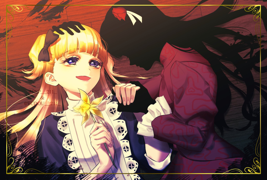 2girls akaame_ichigo blonde_hair blue_eyes bow commentary emilico_(shadows_house) flower framed hair_bow hair_flower hair_ornament highres holding holding_flower holding_hands kate_(shadows_house) long_hair looking_at_another multiple_girls on_floor open_mouth petting shadow_(shadows_house) shadows_house smile wooden_floor yuri
