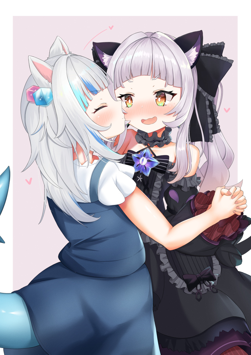 2girls animal_ears bangs black_dress blue_hair blue_shirt blue_skirt blunt_bangs blush cat_ears cat_tail choker closed_eyes cowboy_shot dress fish_tail gawr_gura gothic_lolita gradient_hair highres holding_hands hololive hololive_english kiss kissing_cheek light_purple_hair lolita_fashion looking_at_another multicolored_hair multiple_girls murasaki_shion shark_tail shirt simple_background skirt sleeveless sleeveless_dress tail tama_sakura twintails virtual_youtuber white_hair yellow_eyes yuri