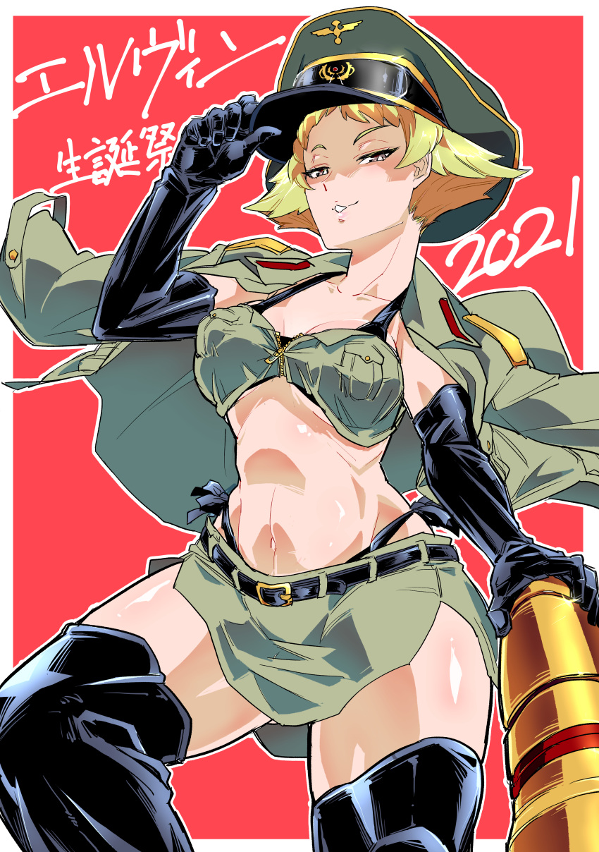 1girl absurdres adjusting_clothes adjusting_headwear belt bikini bikini_under_clothes birthday black_belt black_bikini black_footwear black_gloves blonde_hair boots breasts brown_eyes brown_jacket brown_shirt brown_skirt character_name commentary_request crop_top dated elbow_gloves erwin_(girls_und_panzer) girls_und_panzer gloves goggles goggles_on_headwear green_headwear half-closed_eyes hat highleg highleg_bikini highres holding jacket jacket_on_shoulders long_sleeves looking_at_viewer medium_breasts microskirt military_hat outline parted_lips partial_commentary peaked_cap pointy_hair red_background shinkuukan_(tetsuo3) shirt short_hair side-tie_bikini skirt smile solo standing swimsuit tank_shell thigh-highs thigh_boots white_outline zipper