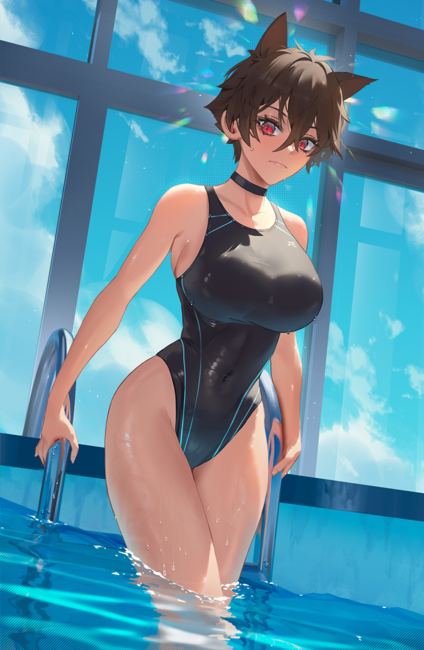 1girl animal_ears black_hair black_swimsuit blue_sky borrowed_character breasts cat_ears choker cirilla closed_mouth competition_swimsuit covered_navel dark-skinned_female dark_skin expressionless highres indoors large_breasts looking_at_viewer micchan_(ohisashiburi) one-piece_swimsuit original pool pool_ladder red_eyes short_hair sky solo swimsuit tan thighs wading water water_drop wet wet_hair window