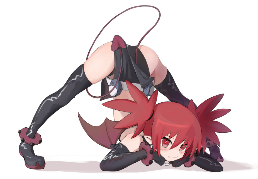 1girl absurdres ajiitou arm_rest ass black_footwear black_gloves boots demon_girl demon_tail demon_wings disgaea elbow_gloves etna flexible gloves hands_on_ground highres jack-o'_challenge makai_senki_disgaea meme mini_wings red_eyes redhead solo stretch tail thigh-highs thigh_boots top-down_bottom-up wide_spread_legs wings
