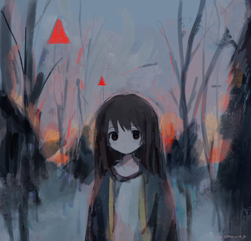 ! 1girl bangs brown_hair closed_mouth grey_jacket highres jacket long_hair looking_at_viewer multicolored multicolored_background original red_eyes shirt signature solo tabmur white_shirt